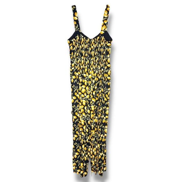 LOFT Black Yellow Lemon Print Jumpsuit Spaghetti Strap Button Up Wide Crop Leg S - Picture 7 of 10